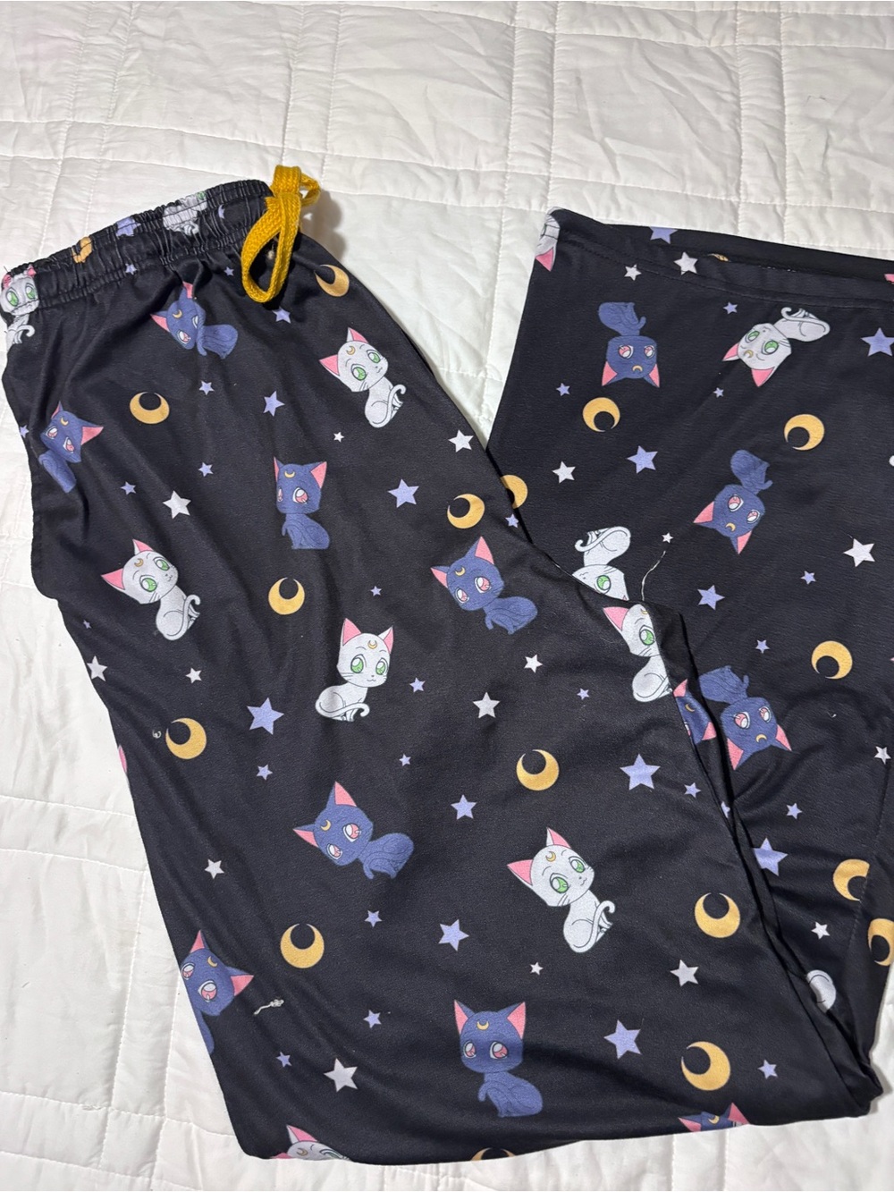 Kids Black Cat Print Pajama Pants with Yellow Drawstring